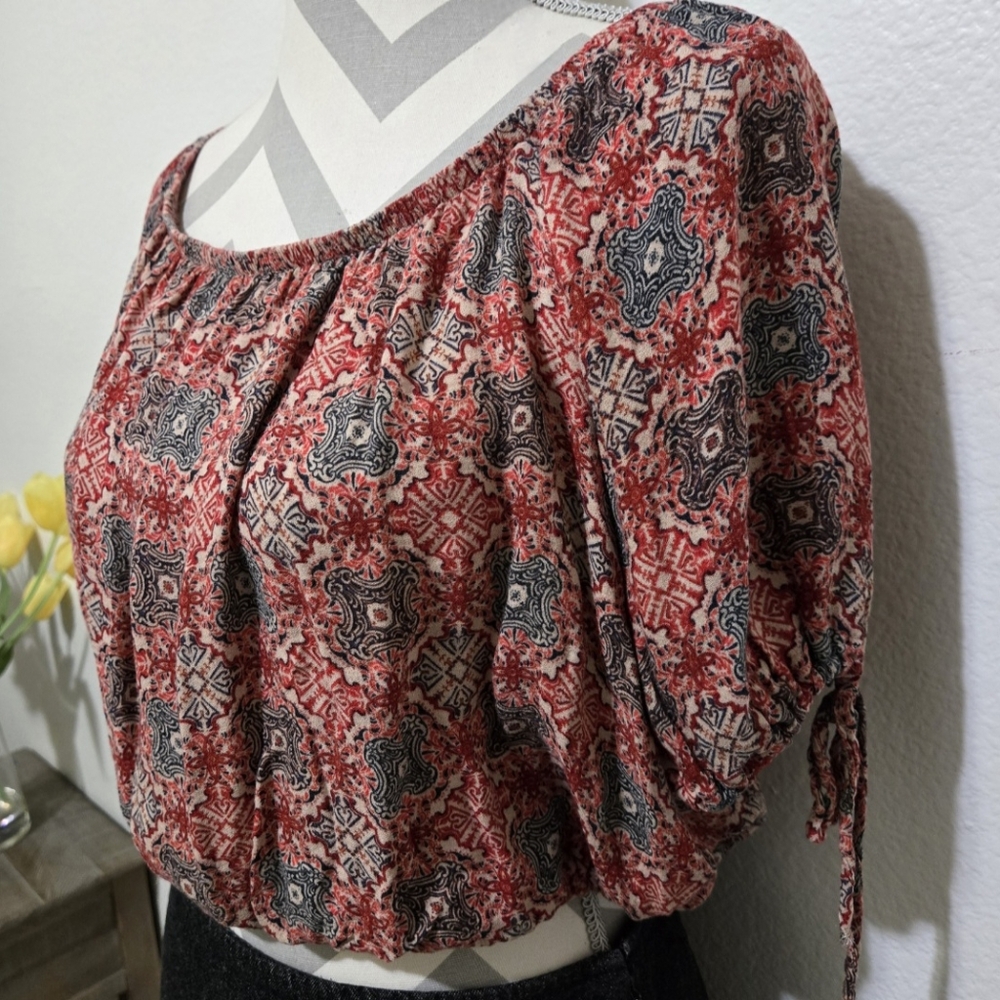 ​Free People Red Boho Print Crop Top Puff Sleeve Drawstring Size Large